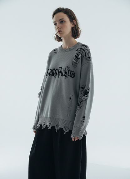High Street Ripped Raw Edge Knitted Letter Jacquard Sweater