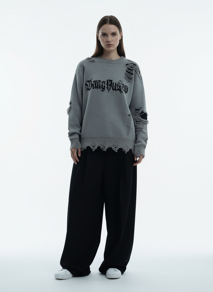 High Street Ripped Raw Edge Knitted Letter Jacquard Sweater