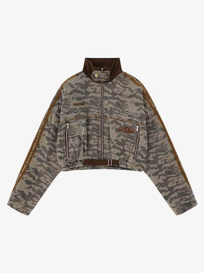Camouflage Print Stand Collar Cropped Jacket