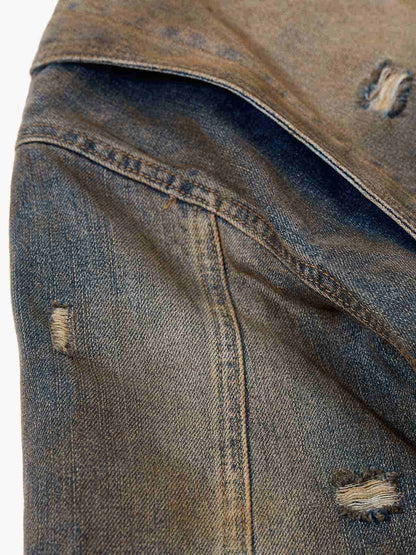 Vintage Washed Distressed Denim Zip Up Jacket