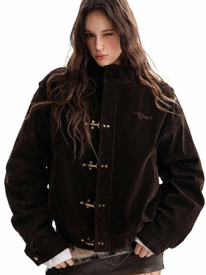 Vintage Suede Embroidered Toggle-Buckle Stand Collar Down Jacket