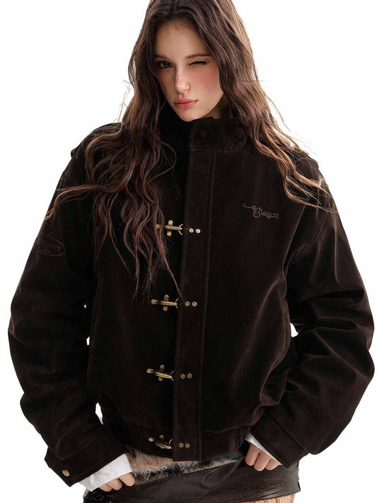 Vintage Suede Embroidered Toggle-Buckle Stand Collar Down Jacket