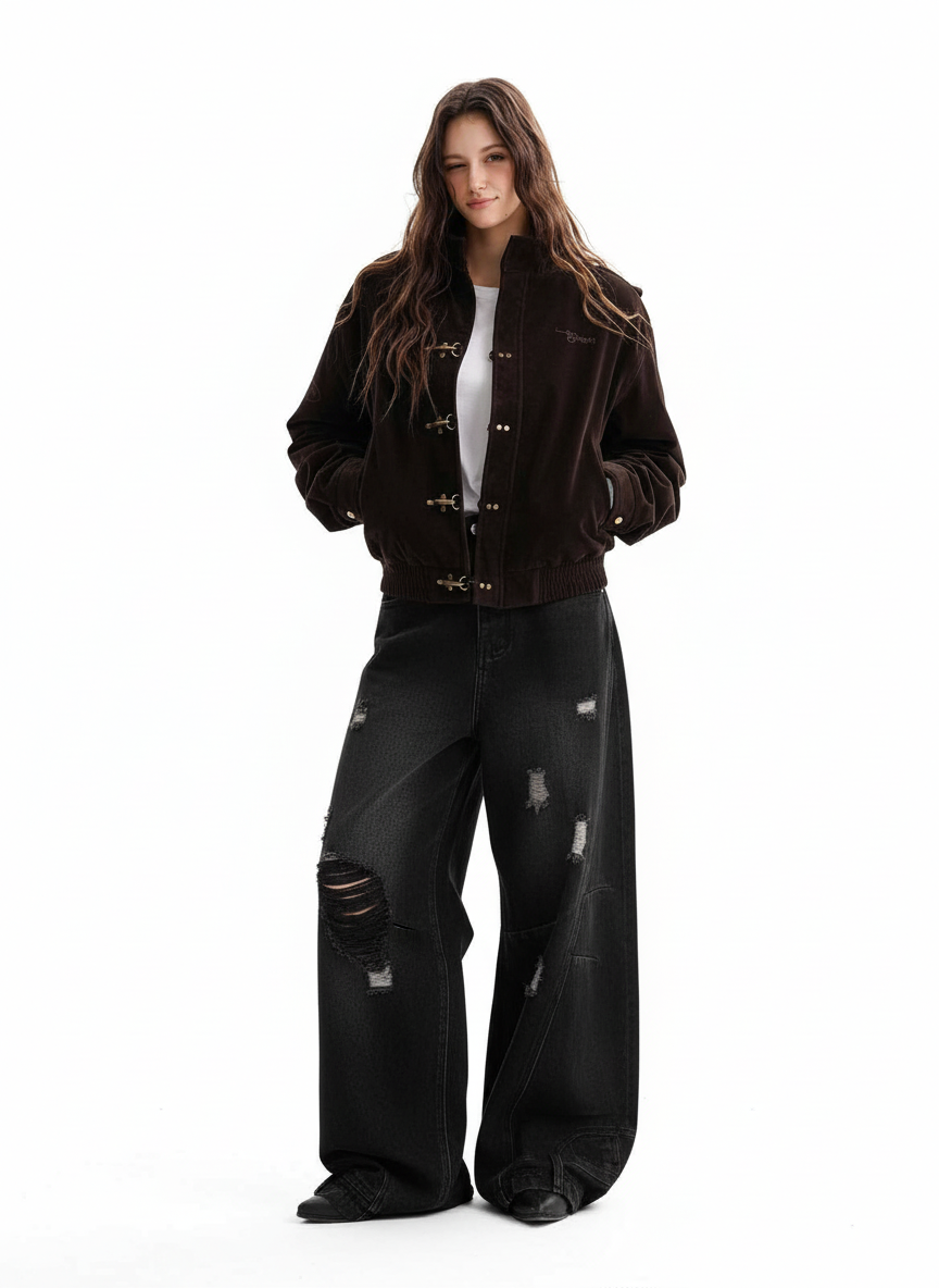 Vintage Suede Embroidered Toggle-Buckle Stand Collar Down Jacket