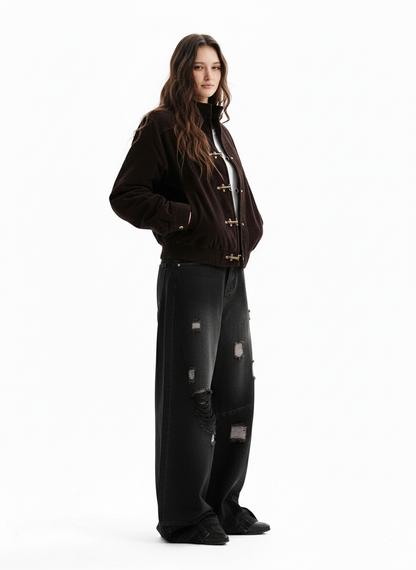 Vintage Suede Embroidered Toggle-Buckle Stand Collar Down Jacket