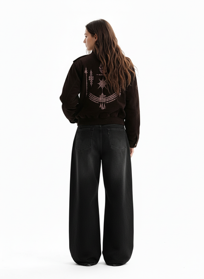 Vintage Suede Embroidered Toggle-Buckle Stand Collar Down Jacket