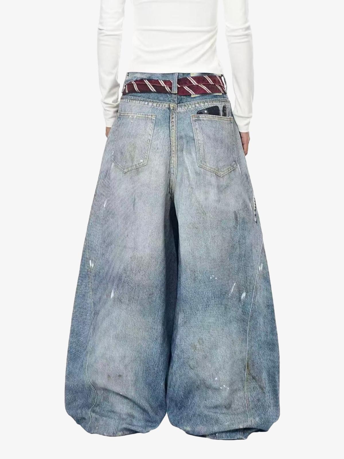 Denim Wide Leg Baggy Jeans with Tie and Pearl Chain Detail for Women Fashion Streetwear 