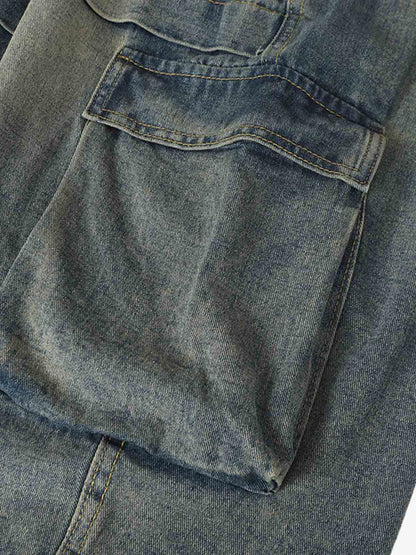 Braided Drawstring Waist Patchwork Cargo Jeans