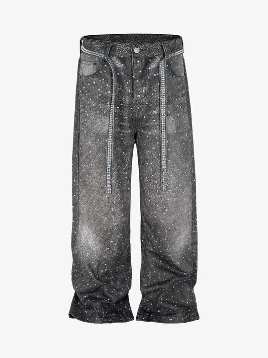 Distressed Diamond Decorated Belt Jeans 