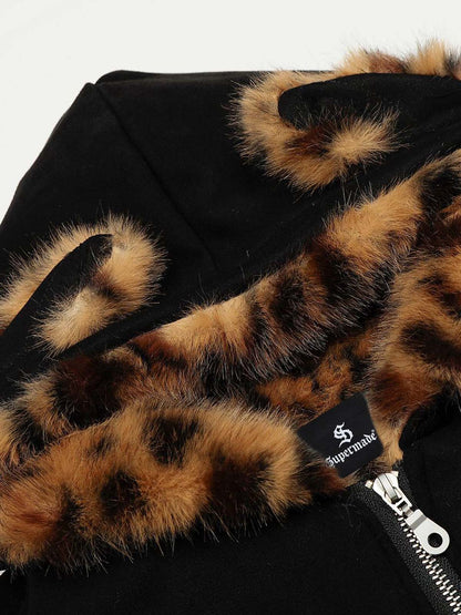 Leopard Print Hooded Jacket with Faux Fur Trim for Men - Trendy Winter Fashion 