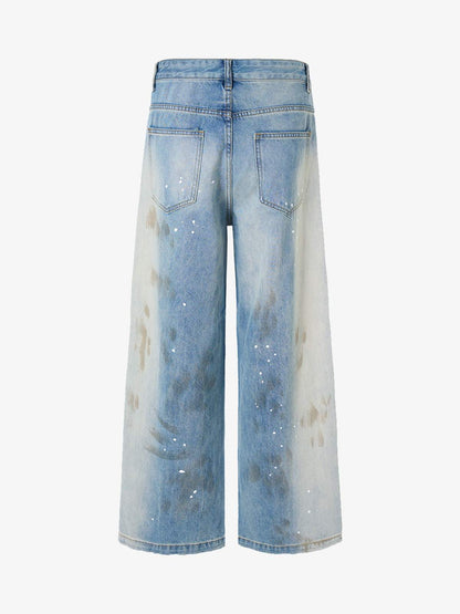 Vintage Heavy Splatter Washed Denim Wide Leg Jeans