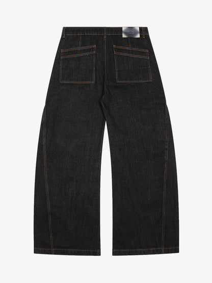 Wide-Leg Denim Trousers with Distressed Pockets and Functional Design 