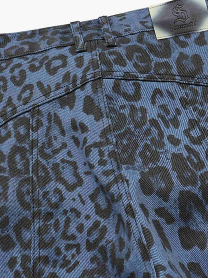 Retro Leopard Print Blue Washed Distressed Jeans 
