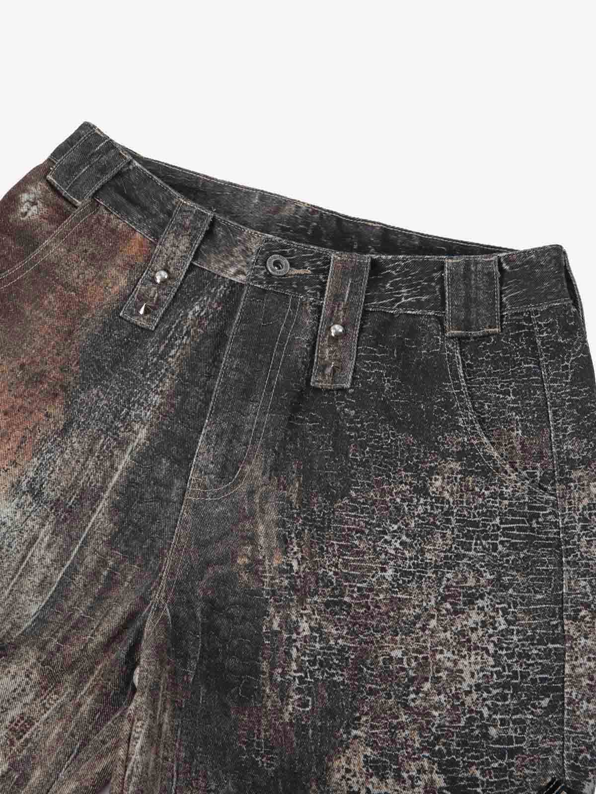 Antique-style Heavy Industry 3D Digital Printing Denim Bell-bottom Work Pants 