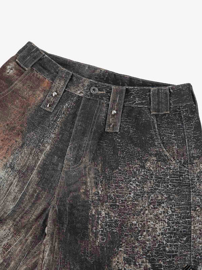 Antique-style Heavy Industry 3D Digital Printing Denim Bell-bottom Work Pants 