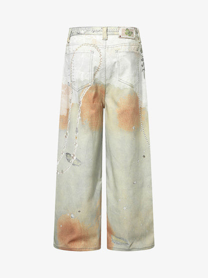 Embellished Wide-Leg Jeans with Unique Artistic Design for Fashion Lovers 