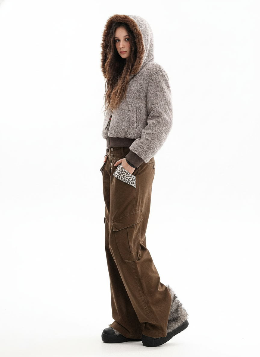 Vintage Faux Shearling Hooded Fleece Zip Up Bomber Jacket