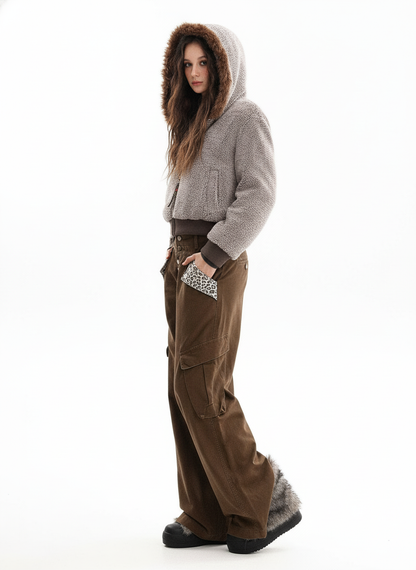 Vintage Faux Shearling Hooded Fleece Zip Up Bomber Jacket