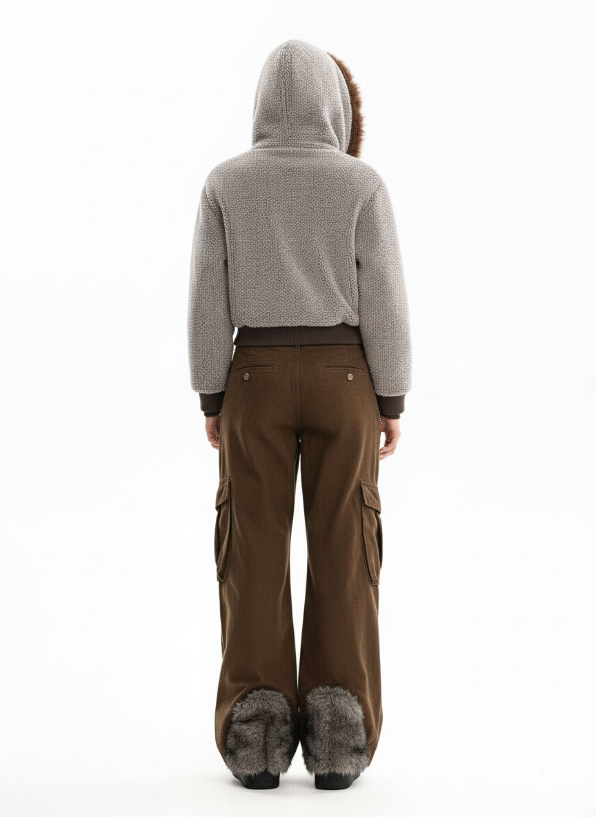 Vintage Faux Shearling Hooded Fleece Zip Up Bomber Jacket