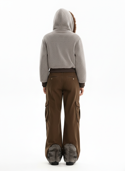 Vintage Faux Shearling Hooded Fleece Zip Up Bomber Jacket