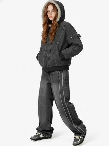 Retro Washed Fleece-lined Hooded Work Jacket