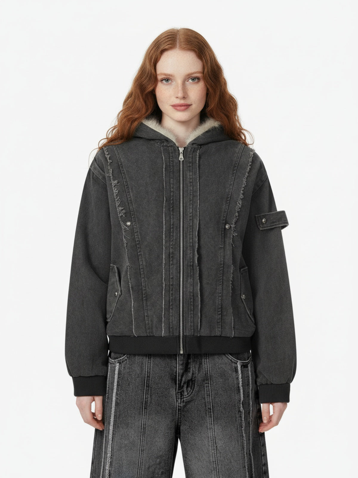 Retro Washed Fleece-lined Hooded Work Jacket