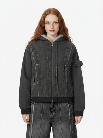 Retro Washed Fleece-lined Hooded Work Jacket