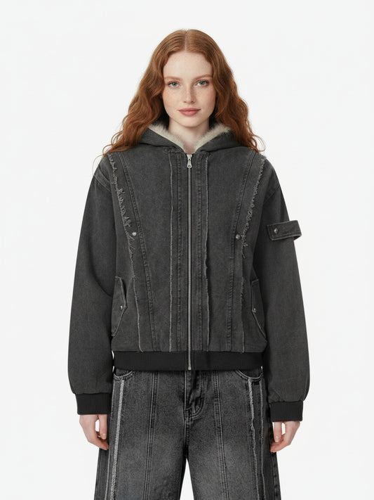 Retro Washed Fleece-lined Hooded Work Jacket