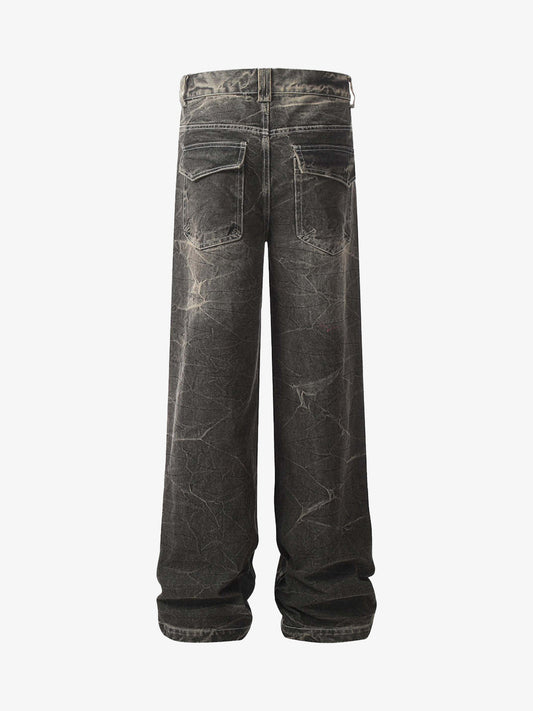 Washed Black Denim Wide Leg Jeans with Distressed Texture for Men 