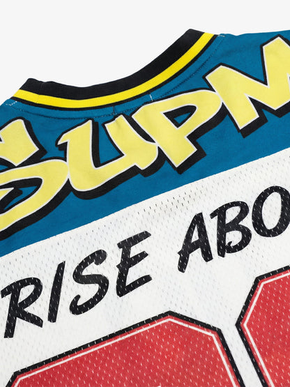 Polyester Mesh Sports Jersey with Bold Graphic Print and V-Neck Design 