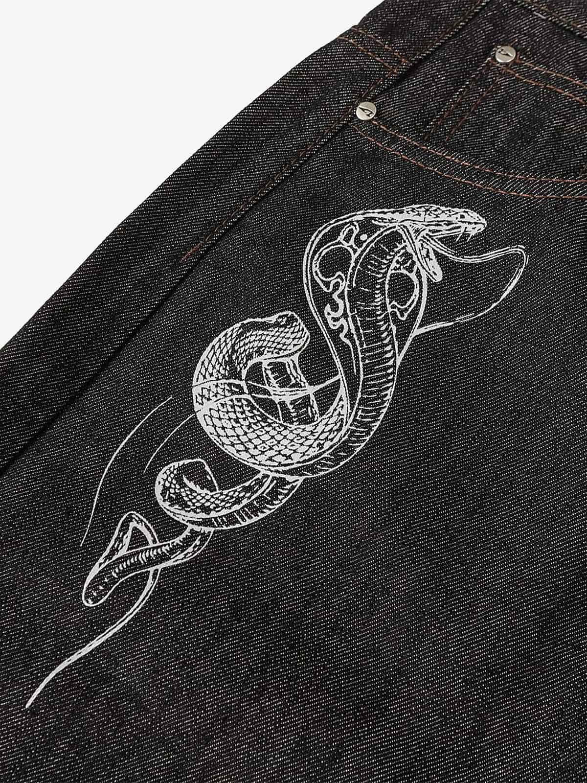 Wide-Leg Denim Trousers with Snake Embroidery - Stylish and Comfortable for All Seasons 