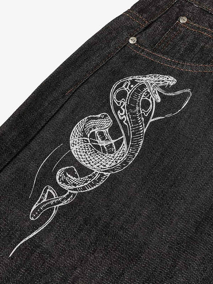 Wide-Leg Denim Trousers with Snake Embroidery - Stylish and Comfortable for All Seasons 