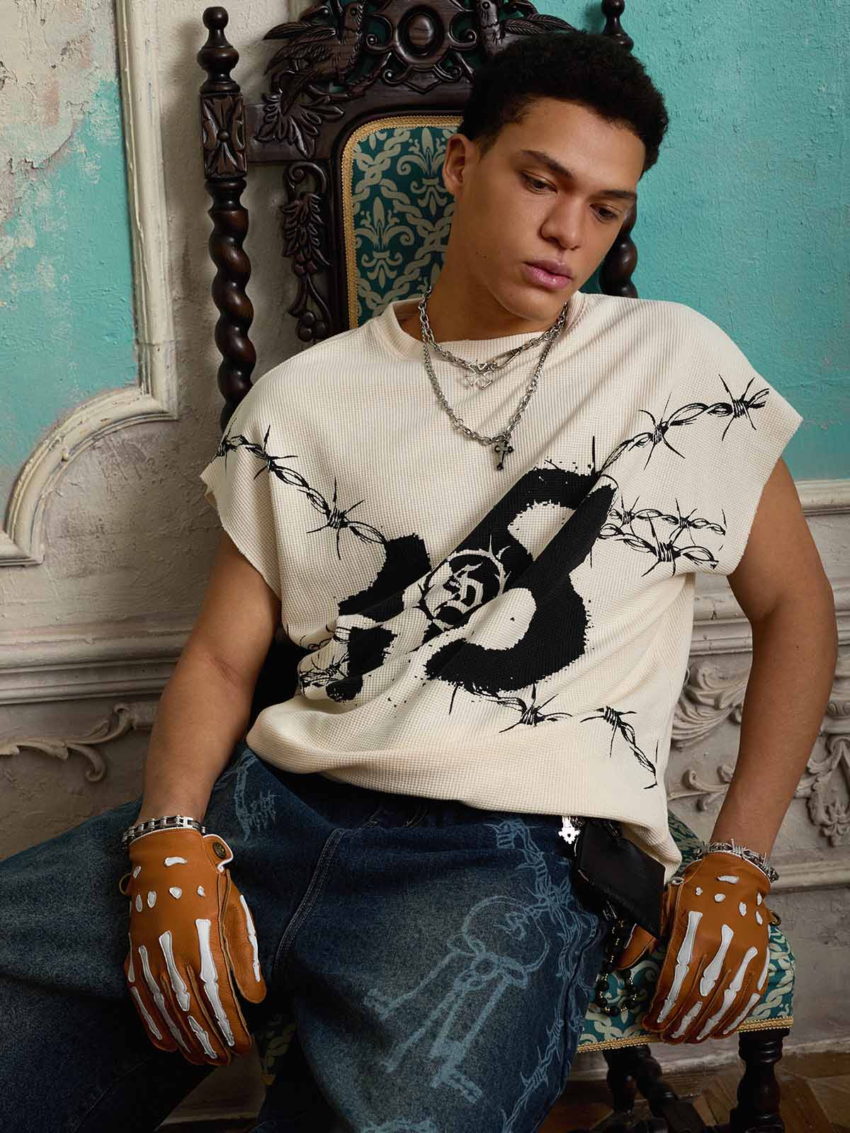 Supermade Waffle Thorn Print Sleeveless T-Shirt?