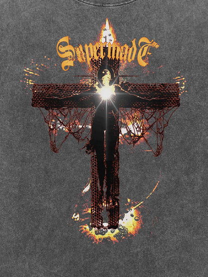 THE SUPERMADE Gothic Flame Cross Graphic T-Shirt for Bold Statement Wear 