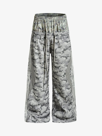 Cotton Blend Camouflage Wide Leg Sweatpants with Side Stripes and Elastic Waistband?