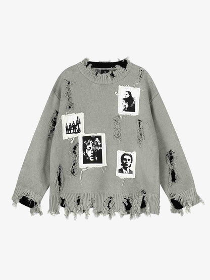 Distressed Photo Patch Oversized Knit Sweater