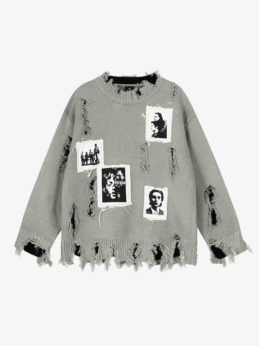 Distressed Photo Patch Oversized Knit Sweater