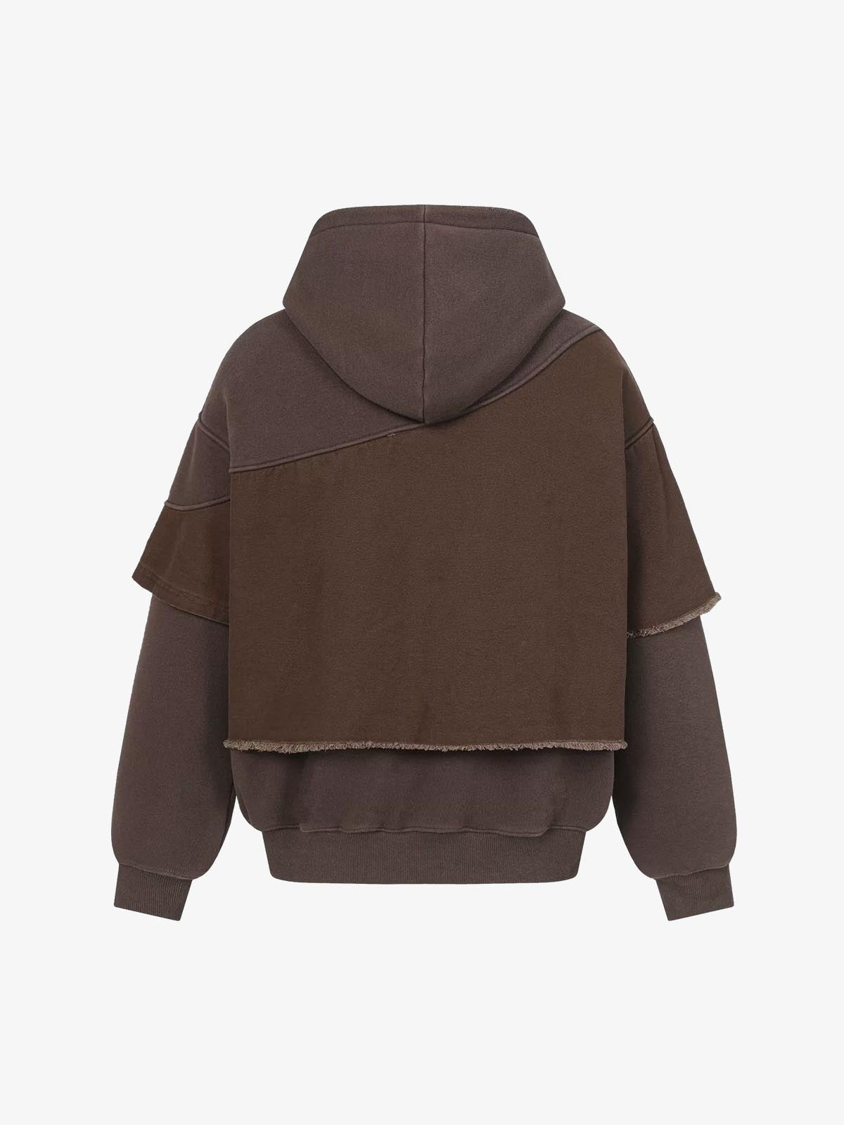 Distressed Patchwork Raw-Edge Layered-Hem Fleece Hoodie 