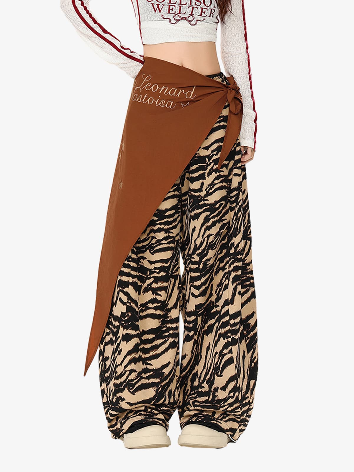 Retro Zebra Print Asymmetric Draped Patchwork Barrel Pants 