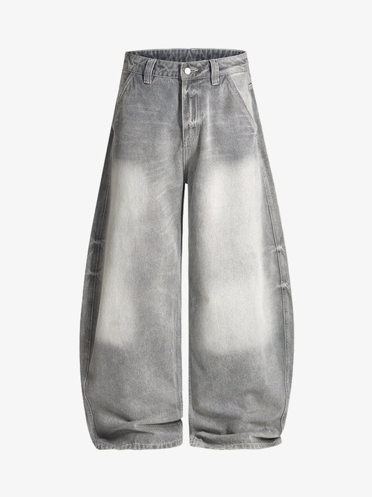 Retro Washed Distressed Curved Blade Wide-Leg Jeans 