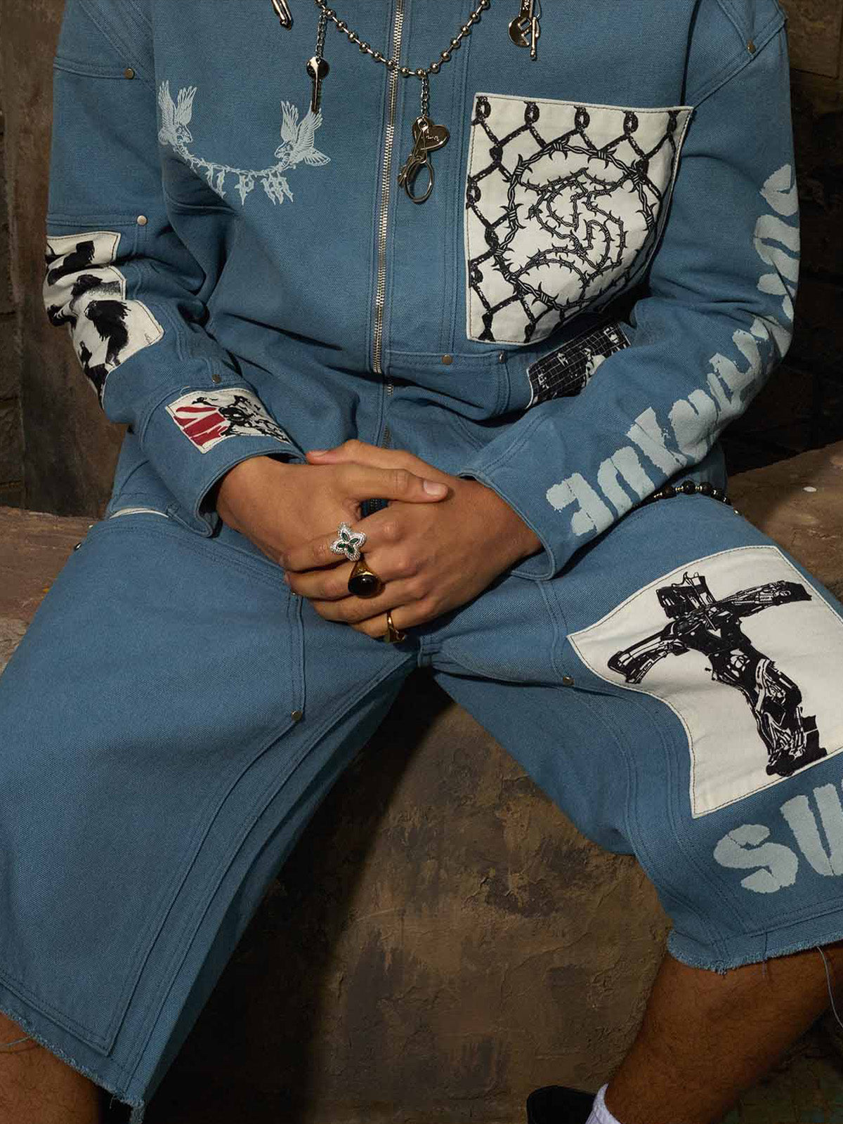 Supermade Multi-Element Appliqu¨¦ Patchwork Denim Suit?