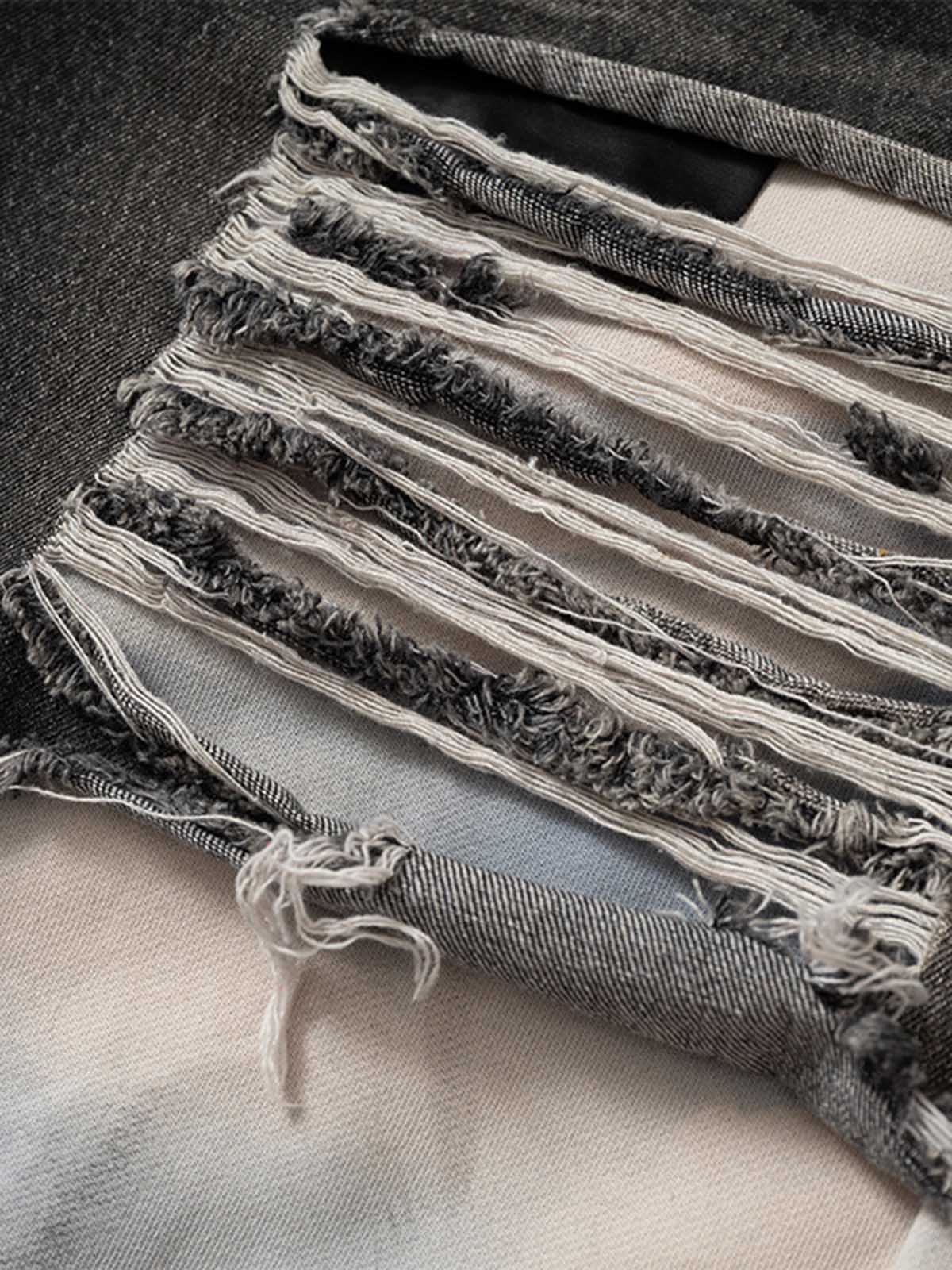 Thesupermade Double-waistband Denim Patchwork Ripped Casual Pants 