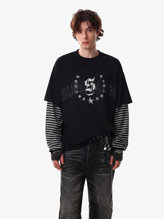 Cotton Blend Layered Sleeve Graphic T-Shirt with Star Print Design?
