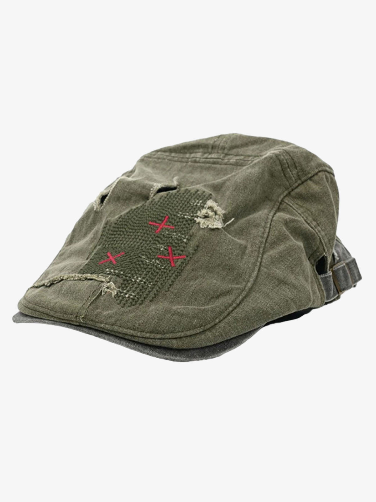 Cotton Denim Patchwork Flat Cap with Embroidered Red Panel and Distressed Details?