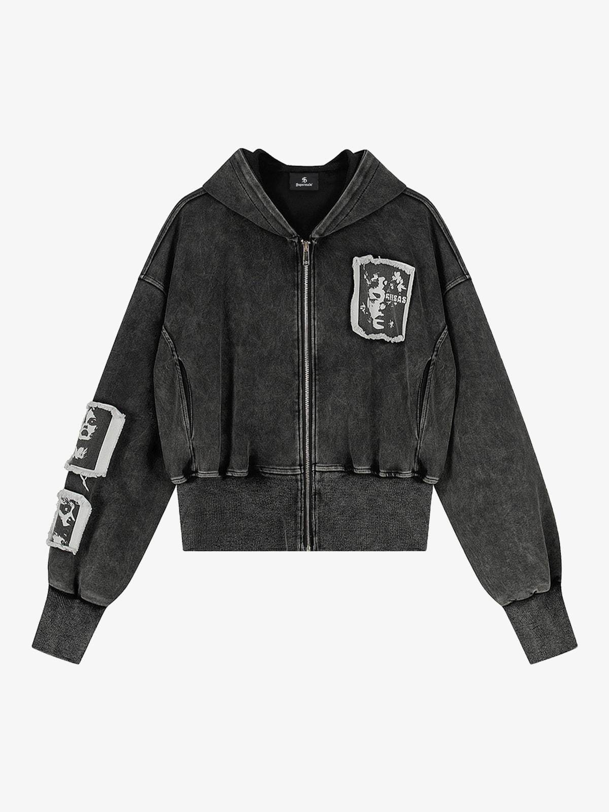 Distressed Washed Embroidered Zip-Up Hooded Jacket