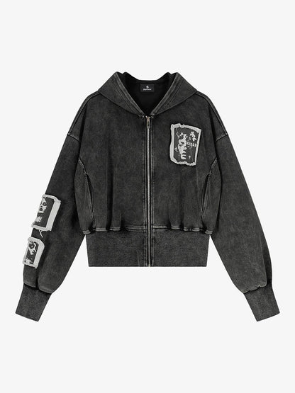 Distressed Washed Embroidered Zip-Up Hooded Jacket