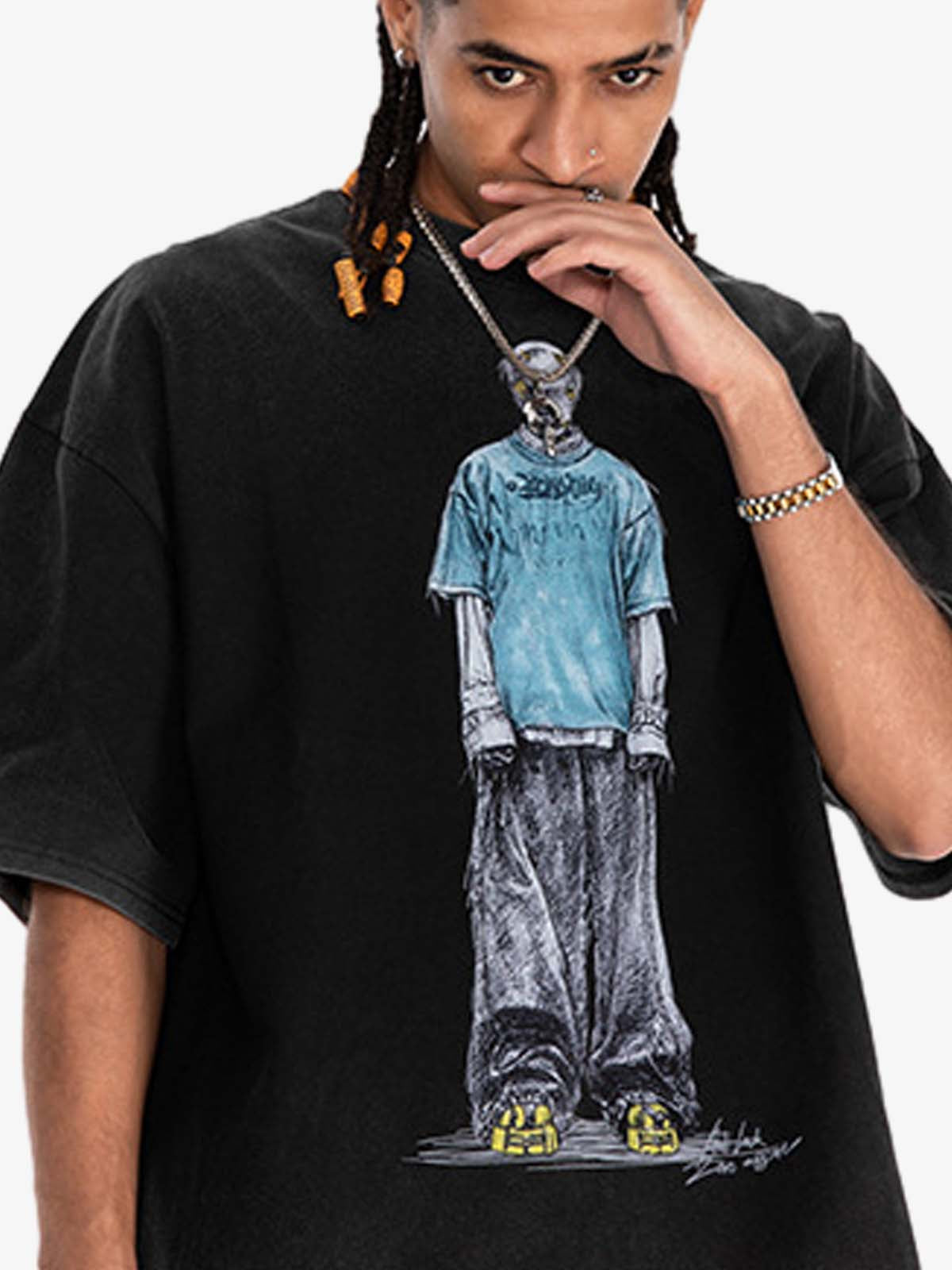 300G Jade Pattern Dyed Cotton Oversized T-Shirt with Skeleton Graphic Print Streetwear?