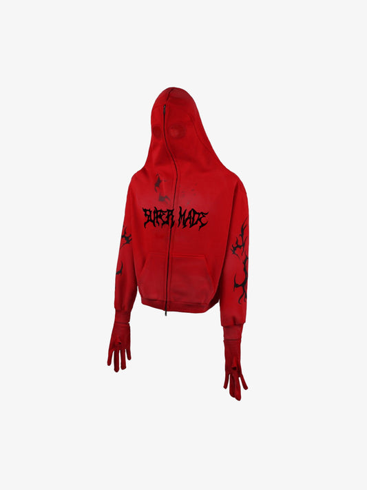 Cotton Blend Hooded Zip-Up Costume Jacket with Eye Holes and Gloves, Gothic Horror Style Full Coverage Hoodie for Cosplay and Halloween 