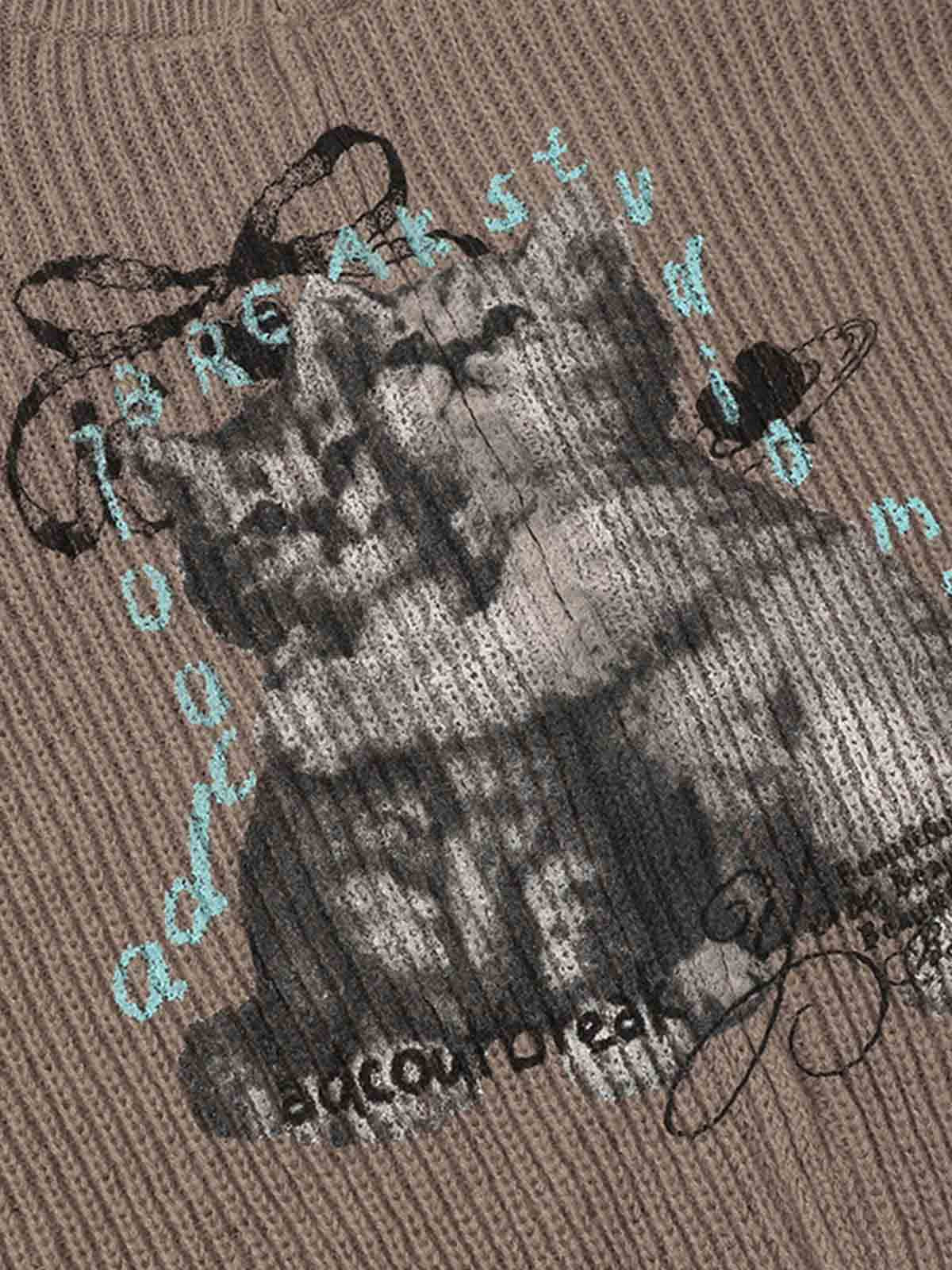 Cozy Cat Graphic Knit Sweater for Casual Wear 