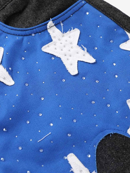 Cotton Blend American Flag Print Wide Leg Pants with Red Star Applique Design 