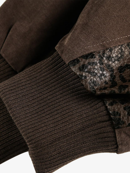 Retro Leopard PU Patchwork Faux Layered Jacket 